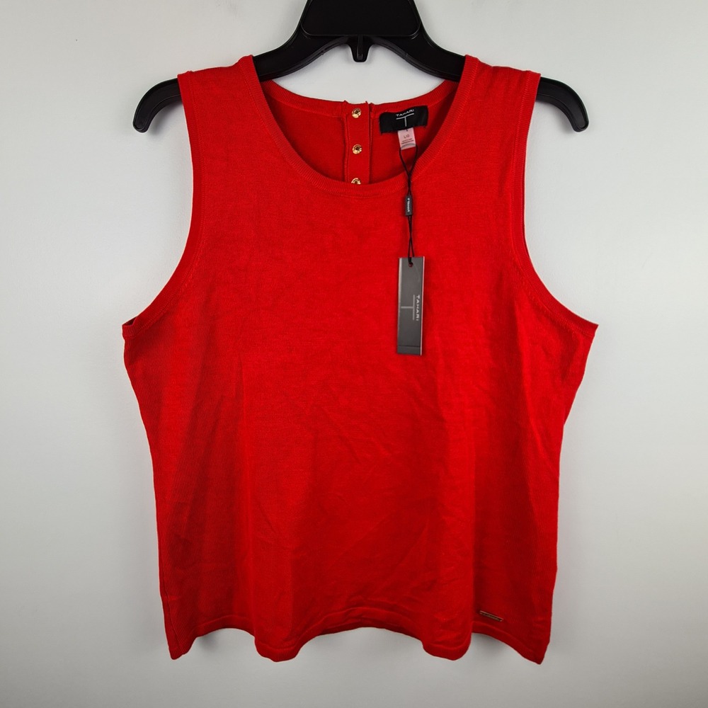 Tahari Womens Apple Red Sleeveless Knit Shell Top Gold Back Buttons NWT Size L